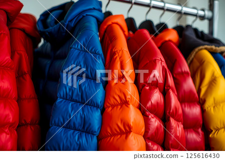 Colorful Winter Jackets on a Rack 125616430