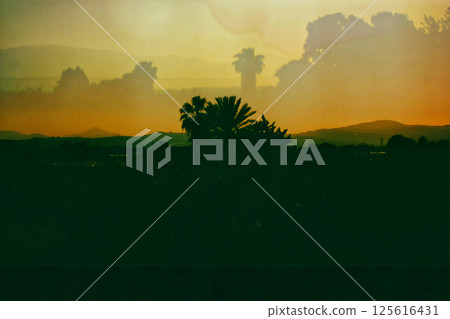 Tropical landscape Mountains, hills on horizon in sunset. Double exposure. Spanish landscapes, wild nature. Palm trees silhouettes. Film filter photo. 125616431