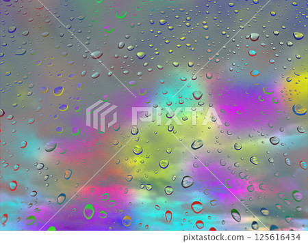 Colourful rainy window glass with macro raindrops. Abstract rainy drops on a window surface. Wet glass. Water droplets. An iridescent rainbow sky. Colourful rainy window glass with macro raindrops. Abstract rainy drops on a window surface. Wet glass. Water droplets. An iridescent rainbow sky. 125616434