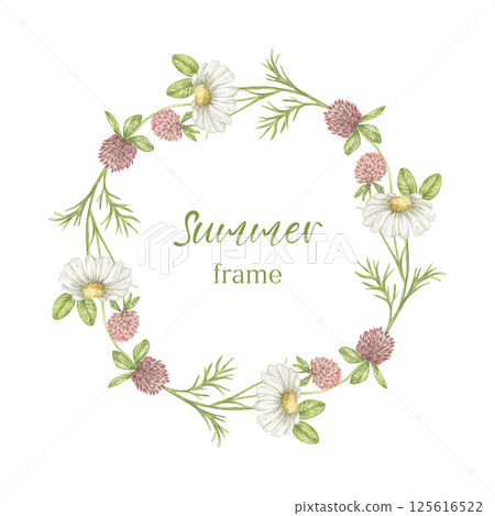 A round frame with meadow chamomile and clover flowers, a botanical wreath with delicate watercolor plants. Print for clothes, wedding invitations, postcards. A round frame with meadow chamomile and clover flowers, a botanical wreath with delicate watercolor plants. Print for clothes, wedding invitations, postcards. 125616522