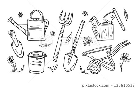 A set of tools for gardening, farming, hand-drawn in doodle vector style. A rake, a shovel, a garden wheelbarrow, a watering can, a bucket, a saw, an axe, a set of working tools for the garden. A set of tools for gardening, farming, hand-drawn in doodle vector style. A rake, a shovel, a garden wheelbarrow, a watering can, a bucket, a saw, an axe, a set of working tools for the garden. 125616532