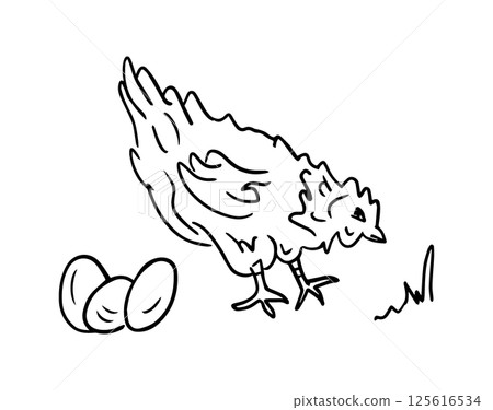 Homemade chicken and eggs, vector drawing in doodle style. Farm animals is a monochrome hand-drawn contour illustration. A Happy chicken for a home-made food brand 125616534