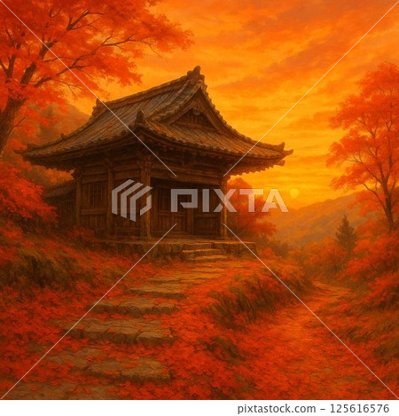 秋天的山寺染上了秋葉 125616576