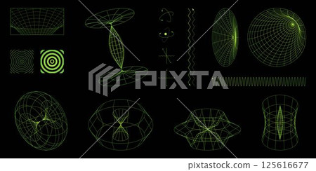 Glowing green wireframe mathematical structures, quantum waveforms, orbital patterns, and energy grids on dark background. Science Glowing green wireframe mathematical structures, quantum waveforms, orbital patterns, and energy grids on dark background. Science 125616677
