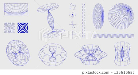 Blue wireframe geometric structures, atomic orbits, waveforms, and energy field diagrams arranged in a minimalist composition Blue wireframe geometric structures, atomic orbits, waveforms, and energy field diagrams arranged in a minimalist composition 125616685
