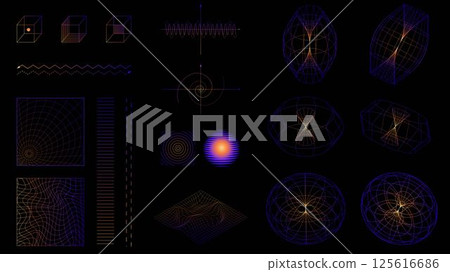 Purple and orange glowing scientific wireframe structures, complex grids, waveforms, and motion-based elements on dark background. 125616686