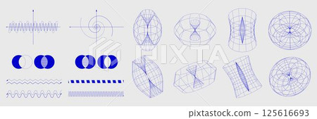 Blue geometric structures, waveforms, mathematical models, and optical grid designs arranged in modern minimalist style. Science Blue geometric structures, waveforms, mathematical models, and optical grid designs arranged in modern minimalist style. Science 125616693
