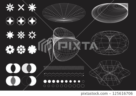 Futuristic wireframe models of abstract forms resembling wormholes and interconnected rings, stars, spheres, ellipses. Science. Futuristic wireframe models of abstract forms resembling wormholes and interconnected rings, stars, spheres, ellipses. Science. 125616706