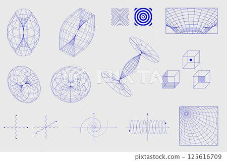 Collection of blue geometric structures, waveforms, mathematical grids, and optical illusions on white background. Science. Collection of blue geometric structures, waveforms, mathematical grids, and optical illusions on white background. Science. 125616709