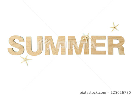 Word Summer with starfishes, isolated on white 125616780