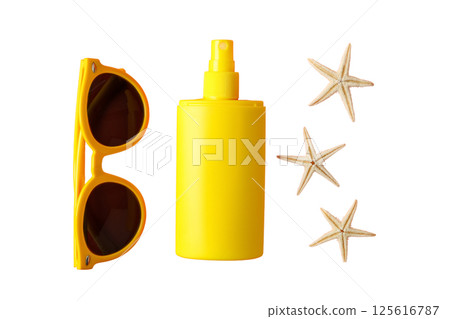 Pack for a summer getaway with sunglasses and sunscreen ready for fun, isolated on white 125616787