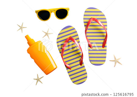Sunglasses, flip-flops, and sunscreen set for summer fun, isolated on white Sunglasses, flip-flops, and sunscreen set for summer fun, isolated on white 125616795