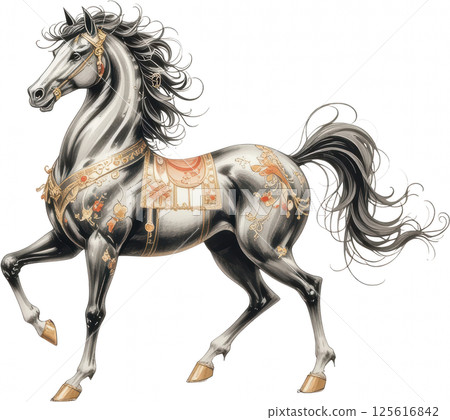 majestic Chinese style horse illustration with intricate golden details on transparent background, exuding elegance and grace. 125616842