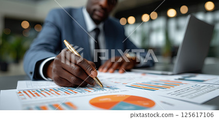 Businessman analyzing financial charts, graphs, and documents office desk, focused 125617106