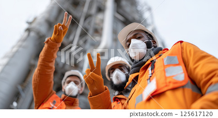 Factory worker orange uniform mask helmet celebrate outdoor teamwork success 125617120