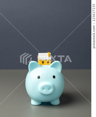 Piggy bank with little house. Concept of buying, selling or renting a home. Mortgage, loan, real estate. Copy space 125617135