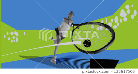 Conceptual art design. Surreal perspective of woman smashing ball in powerful motion with curved path across abstract court. 125617506