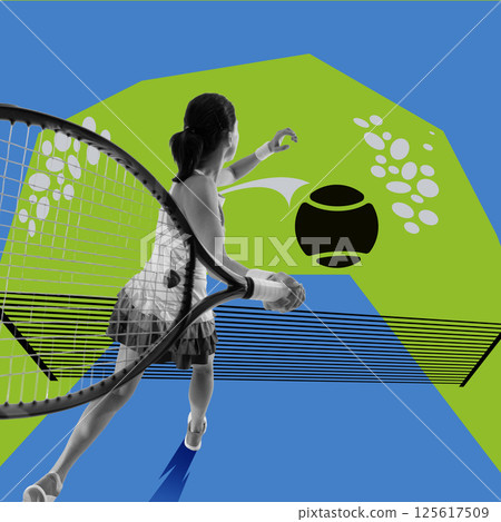 Conceptual art design. Female tennis player reaches for fast serve across surreal green-blue court in stylized frame with graphic ball trail. 125617509