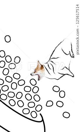 Conceptual art collage. Happy corgi dog dashing toward overflowing food bowl with exaggerated excitement and wide eyes. Conceptual art collage. Happy corgi dog dashing toward overflowing food bowl with exaggerated excitement and wide eyes. 125617514