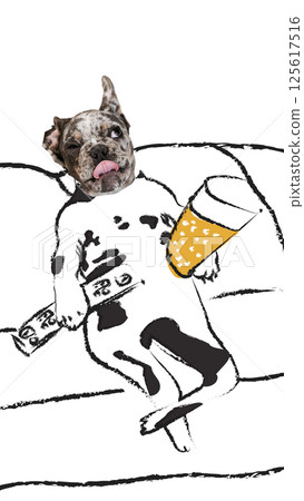 Humorous art collage. Funny spotted dog with tongue out holding popcorn and remote on couch watching something. Humorous art collage. Funny spotted dog with tongue out holding popcorn and remote on couch watching something. 125617516