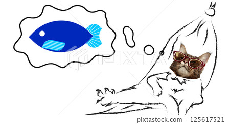 Humorous collage. Cartoon cat in sunglasses dreaming of blue fish with silly smile while resting in hammock. Humorous collage. Cartoon cat in sunglasses dreaming of blue fish with silly smile while resting in hammock. 125617521