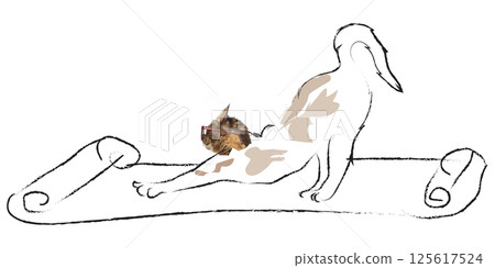 Humorous conceptual collage. Cat wearing glasses stretching on yoga mat in relaxed pose outlined in cartoon lines. 125617524