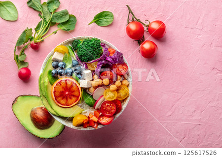 Buddha Bowl. Rainbow salad. Vegan poke bowl with avocado. Healthy food 125617526