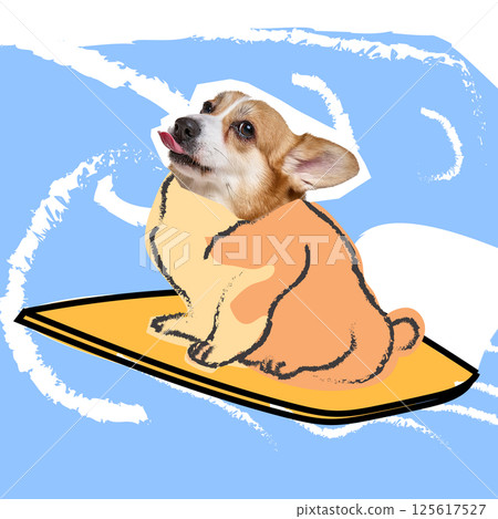 Humorous collage. Little pet with drawn body, surfing on surreal ocean waves with funny expression. Concept of animal Humorous collage. Little pet with drawn body, surfing on surreal ocean waves with funny expression. Concept of animal 125617527