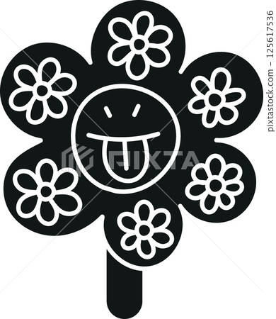 groovy ice cream, groovy boho popsicle in doodle glyph style. Playful flower design with a smiling face and colorful petals. 125617536