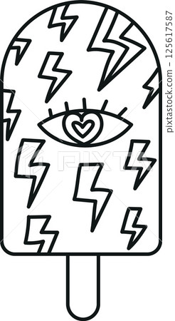 groovy ice cream, groovy boho popsicle in line style. Colorful ice pop with eye design and lightning motifs. 125617587