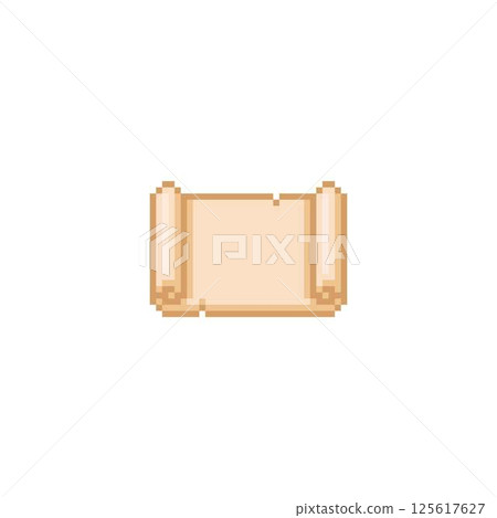 Ancient horizontal parchment roll pixel vector icon, old beige paper blank scroll, papyrus document, ripped edges sheet 125617627