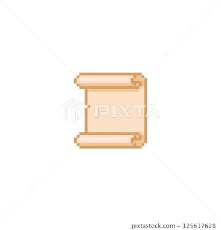 Ancient vertical parchment roll, old beige paper blank scroll pixel art, vector cartoon antique papyrus document sheet 125617628