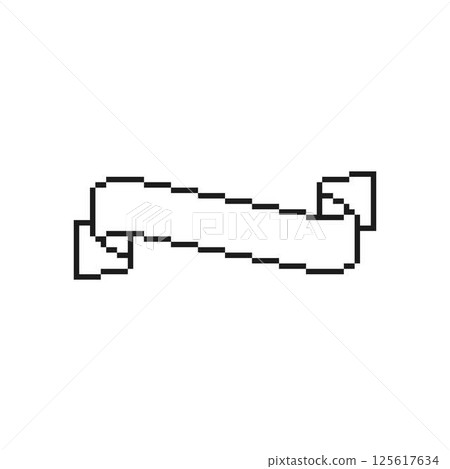 Ribbon banner black outline pixel art vector icon, vintage 8 bit tape frame curved ends and diagonal space for slogan 125617634