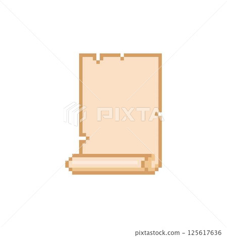 Ancient parchment roll, old beige paper blank scroll vector pixel art, antique papyrus document twisted bottom 125617636