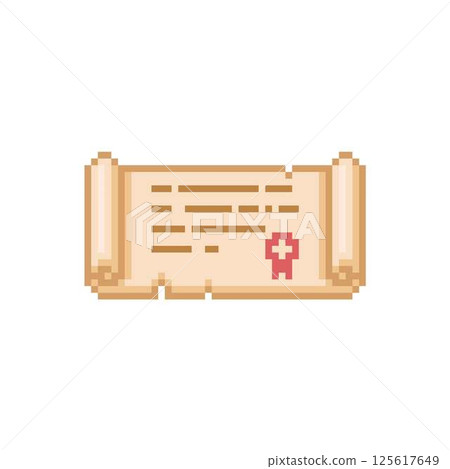 Ancient parchment roll, old paper diploma scroll pixel art, vector cartoon open game papyrus license document with seal 125617649