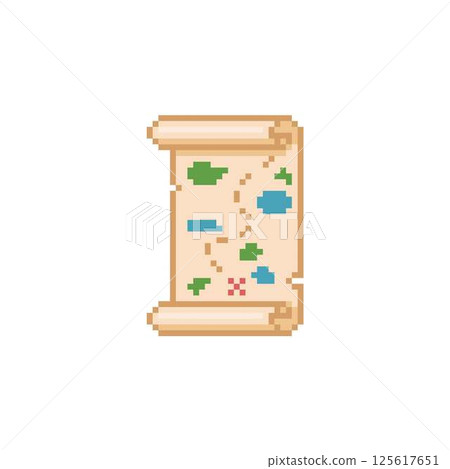 Ancient vertical parchment roll map, old paper scroll, vector pixel cartoon open game navigation and destination sheet 125617651