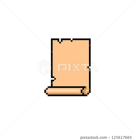 Ancient parchment scroll, old beige paper blank black outline vector pixel art, antique papyrus document twisted bottom 125617665