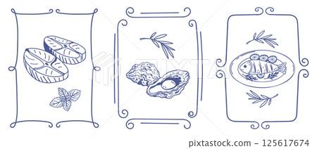 Set of hand drawn posters frames with simple mediterranean food. Fish seafood olives. Ink doodle sketch. Vintage illustrations for cafe or restaurant menu. 125617674