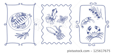 Set of hand drawn posters frames with simple mediterranean food. Fish seafood olives. Ink doodle sketch. Vintage illustrations for cafe or restaurant menu. 125617675