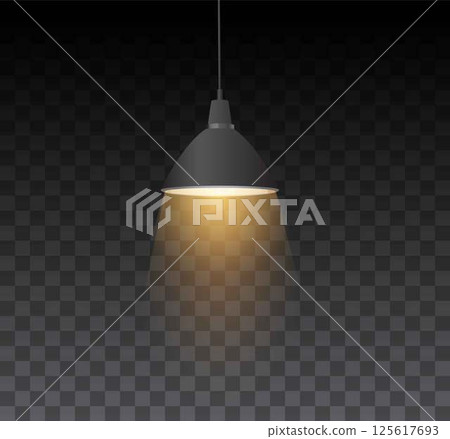 Ceiling lamp black metallic lampshade round shape, vector switch on hanging lantern chandelier on transparent background Ceiling lamp black metallic lampshade round shape, vector switch on hanging lantern chandelier on transparent background 125617693