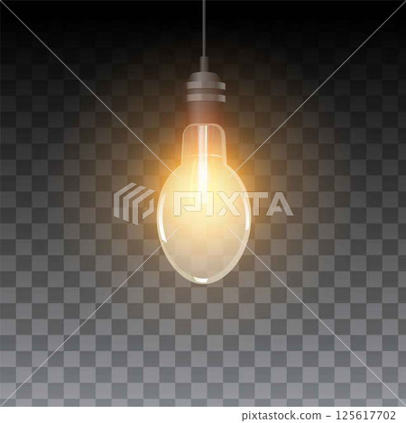 Light bulb warm light glowing, ceiling lamp switch on, vector realistic hanging illumination round shape overlay effect 125617702