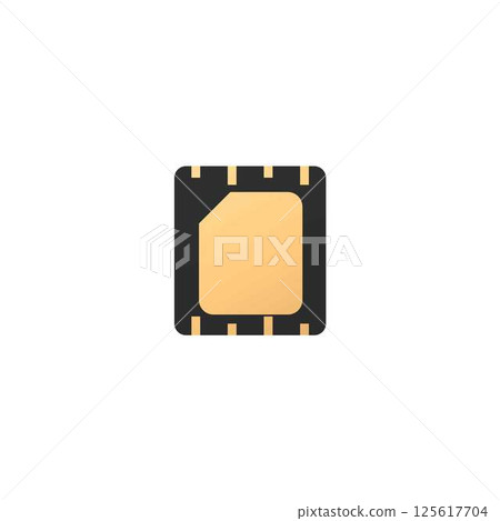 Sim card vector icon, GSM wireless microchip for mobile smartphone, subscriber identity module black and golden design 125617704