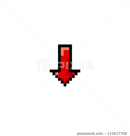 Red arrow pixel vector icon, down side direction pointer, retro bottom navigation button, previous cursor, GUI interface 125617708
