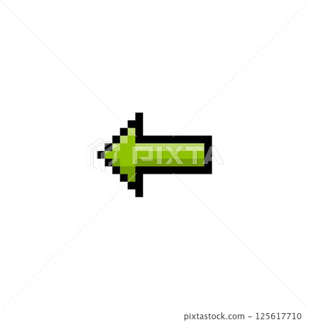 Green arrow black outline, vector pixeled left side direction pointer, retro back button, previous cursor UIUX interface 125617710