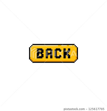 UI UX user software interface pixel vector icon, retro previous navigation yellow rectangle button block with BACK text 125617785