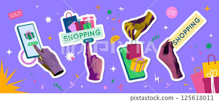Online Shopping Stickers Set with Human Hands Contemporary Art Collage Elements. Vector illustration of Special Offer Season Limited Discount Online Shopping Stickers Set with Human Hands Contemporary Art Collage Elements. Vector illustration of Special Offer Season Limited Discount 125618011
