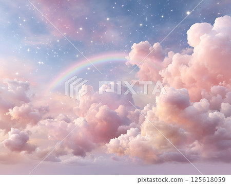 夢幻般的天空,點綴著柔和色彩的星星和蓬鬆的雲海 夢幻般的天空,點綴著柔和色彩的星星和蓬鬆的雲海 125618059