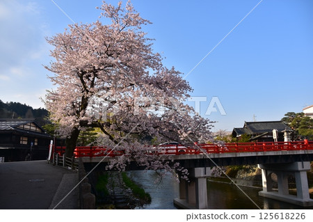 Spring in Takayama, Gifu Prefecture, Japan: Cherry blossoms in full bloom, tourist attractions Nakabashi Bridge and Miyagawa River, surrounding cityscape and beautiful blue sky 125618226