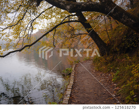 Plitvice Lakes in Croatia during autumn, showcasing stunning waterfalls, vibrant foliage, and crystal-clear waters, creating a magical and serene natural landscape perfect for nature lovers. 125618270