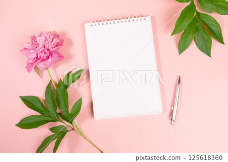 Blank notebook with silver pen and pink flowers on pastel background. Top view, flat lay, copy space 125618360